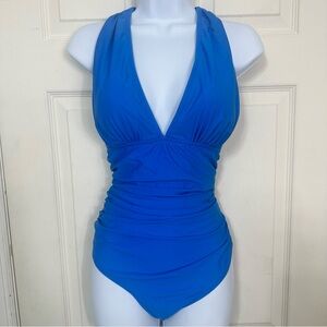NWT Cupshe‎ Blue Halter Swimsuit V Neck Size XLarge Ruching